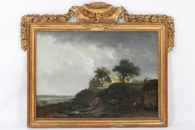 une peinture à l'huile représentant un paysage avec une maison au loin, sur une colline