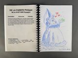 drawing of a book with a drawing of a witch holding a flower
