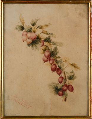 tableau représentant une grappe de pommes sur une branche, dans un cadre doré