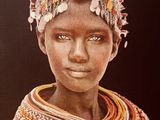 painting of a young woman wearing a headdress and a beaded necklace