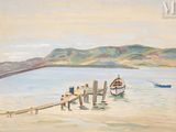 un tableau représentant un bateau amarré à un quai