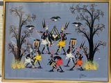 painting of a group of people in a forest with trees and birds
