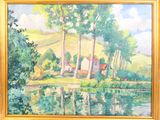 an oil painting of a house on a hill by a river