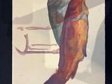a painting of two fish hanging from a hook