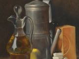 tableau représentant une nature morte avec un pichet, une cruche, un couteau et d'autres objets posés sur une table
