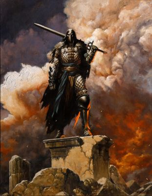 un tableau représentant un chevalier debout au sommet d'un rocher, une épée à la main
