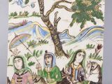 painting of a group of people sitting under a tree on a tile
