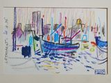 drawing of a boat in a harbor with other boats in the background