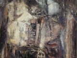 une peinture à l'huile représentant un salon avec une cheminée et un canapé