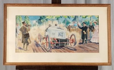 un tableau représentant une voiture de course, exposé sur un chevalet