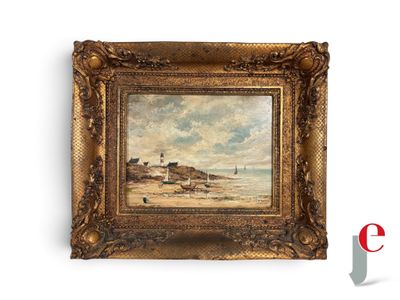 une peinture à l'huile représentant une scène de plage avec un phare au loin