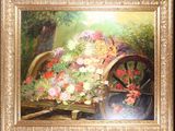a picture of a painting of a wagon with flowers on it