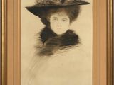 portrait d'une femme portant un grand chapeau et un col en fourrure