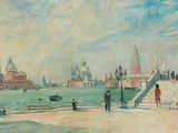 painting of a view of a city with a bridge over a body of water