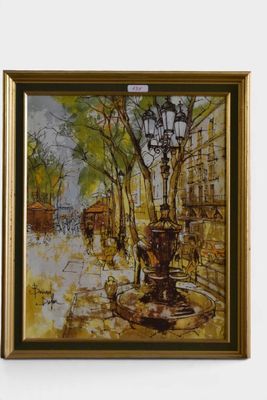peinture à l'huile encadrée représentant une scène de rue avec une fontaine et des lampadaires