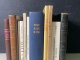 Plusieurs livres sont alignés sur une étagère devant un mur noir.