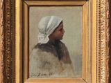 a painting of a woman with a white head scarf in a gold frame