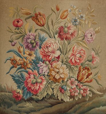 tableau représentant un bouquet de fleurs dans un vase posé sur une table