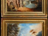 two paintings of a landscape with a river and a bridge