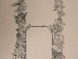 un dessin en noir et blanc représentant la lettre « h » entourée de fleurs