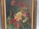 an oil painting of flowers in a vase on a table
