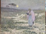 un tableau représentant un homme et une femme se promenant dans un champ parsemé de moutons