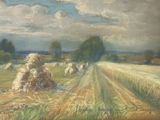 a painting of a field with a bunch of hay in it