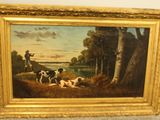 une peinture à l'huile représentant deux chiens et un homme dans un décor boisé