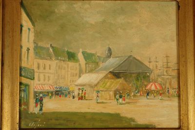 un tableau représentant une scène de rue avec des passants