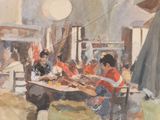 une peinture représentant un groupe de personnes assises à une table