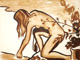 a painting of a woman kneeling down with a potted plant in front of her