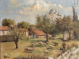 un tableau représentant un homme avec des moutons dans un champ