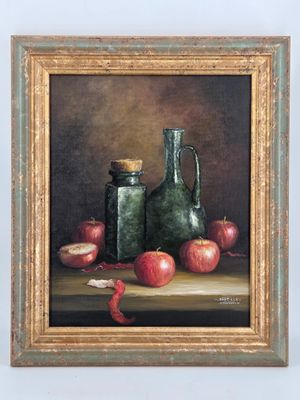 painting of a still life of apples and a jug on a table