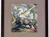 painting of a man riding a bull with a cross in the background
