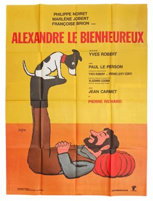 une affiche de film mettant en scène un chien et un homme allongé sur une citrouille