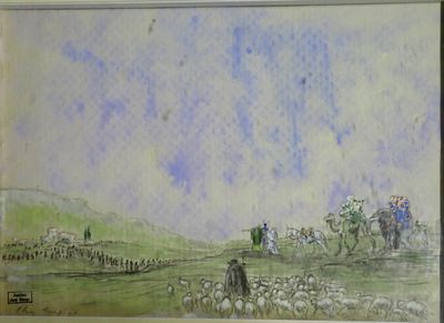 une photo d'un tableau représentant un troupeau de moutons dans un champ