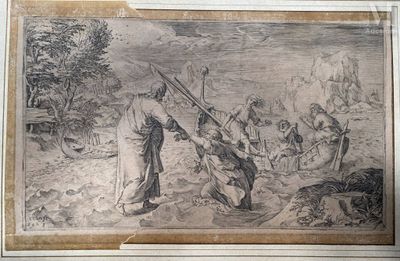 drawing of a man holding a rifle in front of a group of men