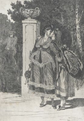 dessin représentant une femme vêtue d'un manteau de fourrure et d'un chapeau, debout devant un portail
