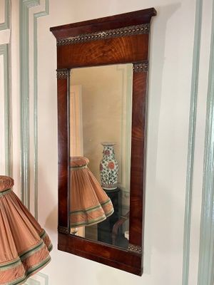 a lamp and a mirror on the wall in a room
