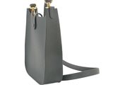 the small leather bag is grey and has two gold handles