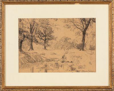 une image représentant un dessin de paysage avec des arbres en arrière-plan