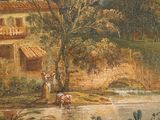 a painting of a man and a woman standing by a river