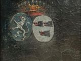 a picture of a painting of a crown and two lions