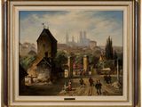 tableau représentant une scène de village avec une église et une calèche