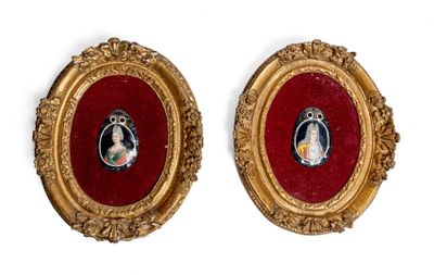 pair of miniature portraits of a lady and a gentleman in gold frames