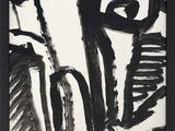 black and white abstract painting of a man with a guitar