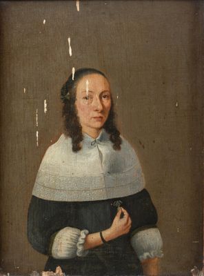 portrait of a woman in a black dress with a white collar and a black and white dress