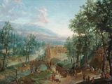 painting of a landscape with a castle in the distance and people on horseback