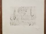 drawing of a landscape with trees and bushes in a wooden frame