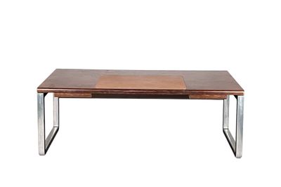 an image of a wooden table with metal legs and a wooden top